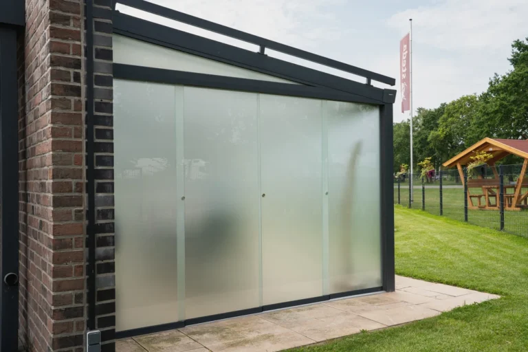 Anthrazite Alu-Terrassenüberdachung mit Glasschiebewänden aus Milchglas