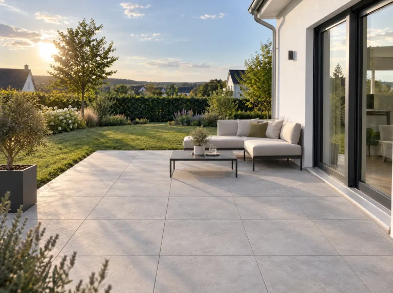 Terrasse mit großformatigen hellen Fliesen, Loungesofa und Couchtisch, Blick auf Rasen und Beete bei Sonnenuntergang.