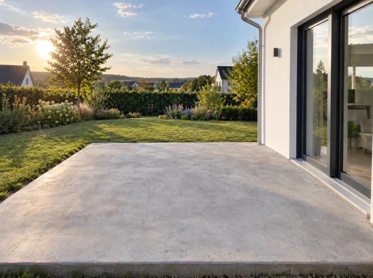 Leere Betonterrasse an einem Einfamilienhaus mit Blick auf Rasenfläche, Beete und Hecke bei Sonnenuntergang.