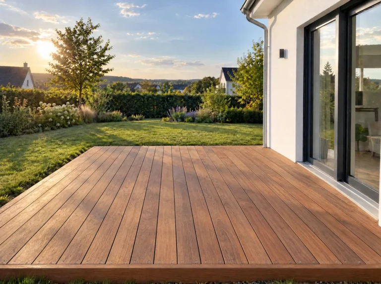 Holzterrasse mit Dielenbelag am Haus, Blick auf Rasenfläche und Beete bei Sonnenuntergang.