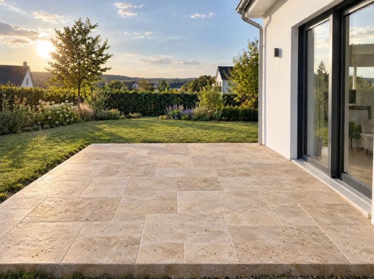 Terrasse mit Natursteinbelag im Verlegemuster am Haus, Blick auf Rasenfläche und Beete bei Sonnenuntergang.