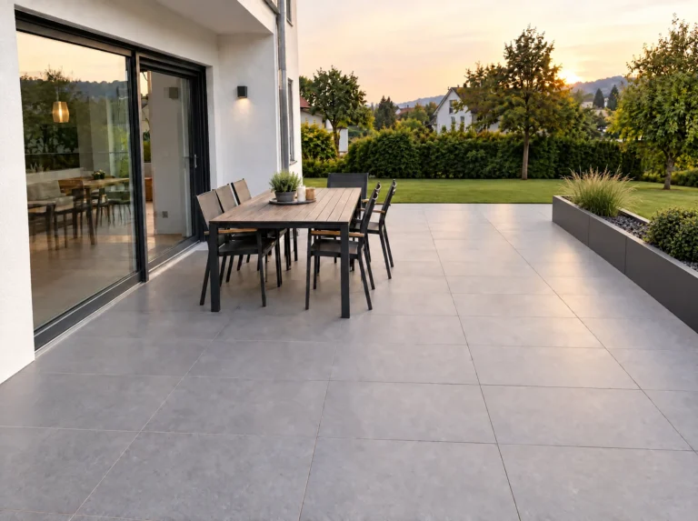 Großzügige Terrasse mit Betonplatten, Esstisch und Stühlen am Haus, angrenzendes Hochbeet und Rasenfläche bei Sonnenuntergang.