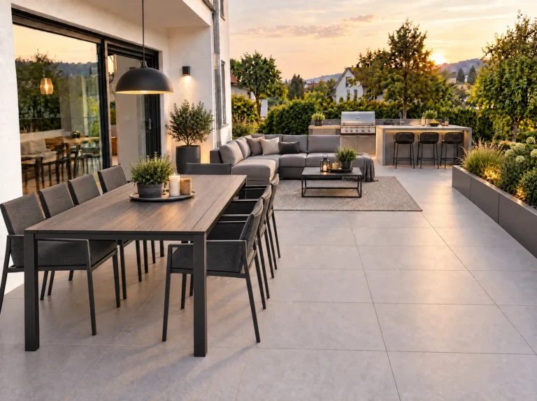 Große Terrasse mit Loungesofa, langem Esstisch und Außenküche mit Grill und Bartheke, umrahmt von Beeten und Bäumen bei Sonnenuntergang.
