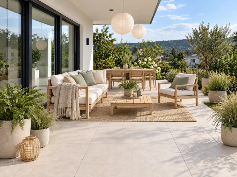 Überdachte Terrasse mit Loungemöbeln aus Holz, Papierlaternen und Esstisch, umgeben von Pflanzkübeln mit Farnen und Gräsern.