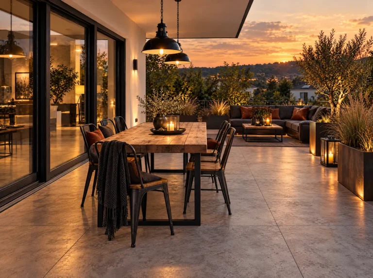 Dachterrasse im Industrial-Stil mit Holztisch, Pendelleuchten, Loungesofa und Kerzenlaternen bei Sonnenuntergang, im Hintergrund Hügellandschaft mit Ortslichtern.
