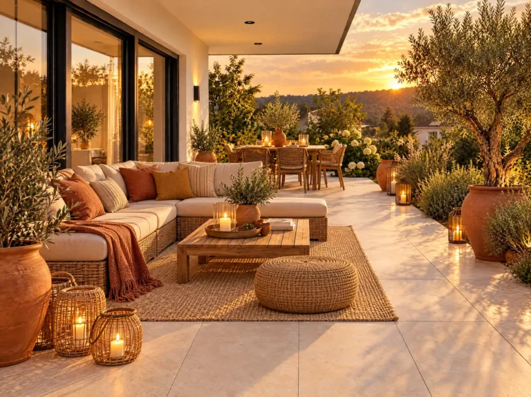 Mediterran gestaltete Terrasse mit Rattan-Loungesofa, Terrakotta-Gefäßen, Kerzenlaternen und Olivenbäumen bei Sonnenuntergang.