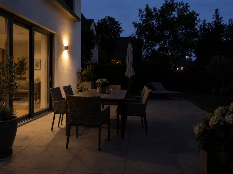 Terrasse mit Rattan-Sitzgruppe und Sonnenliege bei Nacht, beleuchtet durch eine Wandleuchte am Haus.