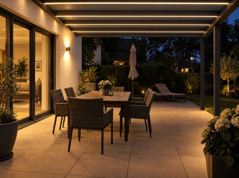 Überdachte Terrasse mit Pergola und integrierter LED-Beleuchtung in den Dachlamellen, Esstisch mit Rattanstühlen bei Abenddämmerung.