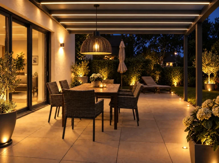 Überdachte Terrasse mit Pergola und LED-Beleuchtung, Rattan-Hängeleuchte über dem Esstisch, umgeben von beleuchteten Pflanzkübeln und Bodeneinbaustrahlern bei Nacht.