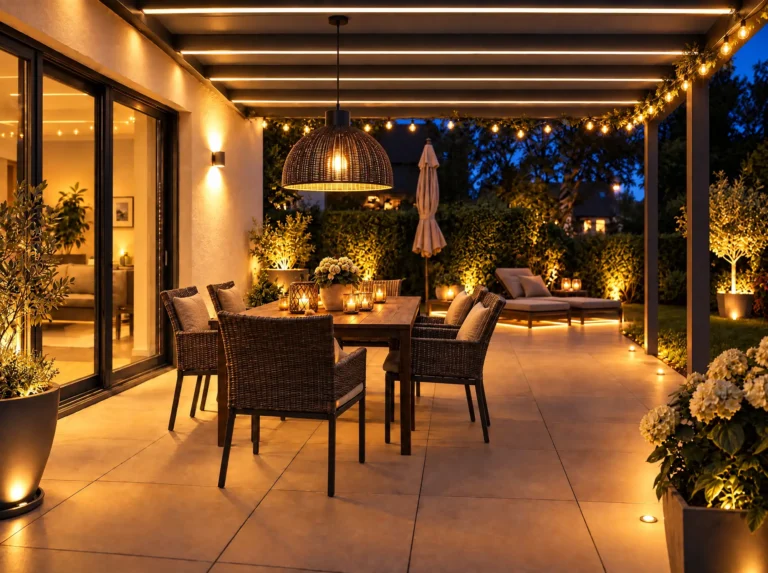 Überdachte Terrasse mit Pergola, LED-Beleuchtung und Lichterkette, Esstisch mit Kerzen und Loungebereich, umgeben von beleuchteten Pflanzkübeln bei Nacht.