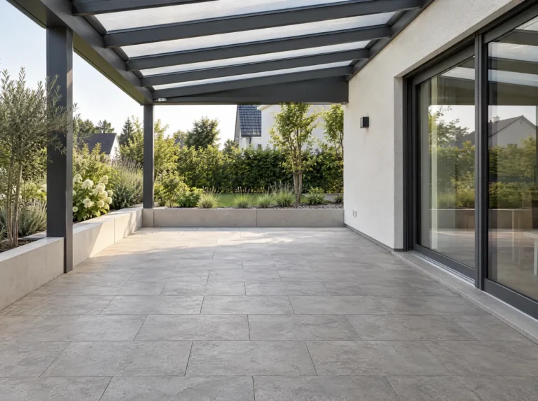 Überdachte Terrasse mit Glasdach-Konstruktion am Haus, freie Fläche mit Natursteinbelag und angrenzenden Pflanzbeeten.