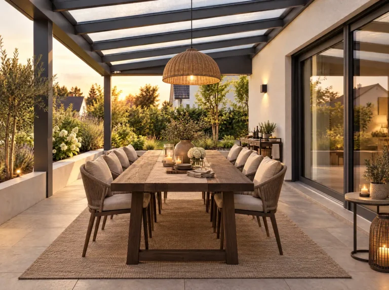 Überdachte Terrasse mit Glasdach, großem Holztisch mit Bankettstühlen und Rattan-Hängeleuchte, Blick in den Garten bei Sonnenuntergang.