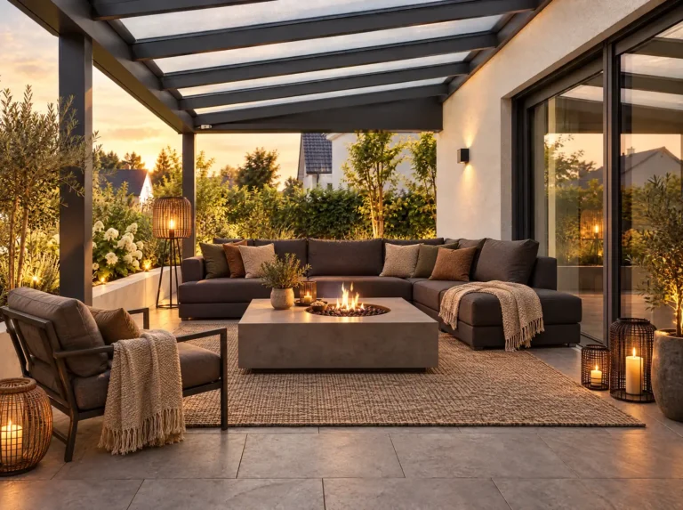 Überdachte Terrasse mit Loungesofa, Sessel und eingebauter Feuerstelle im Couchtisch, umgeben von Kerzenlaternen bei Sonnenuntergang.