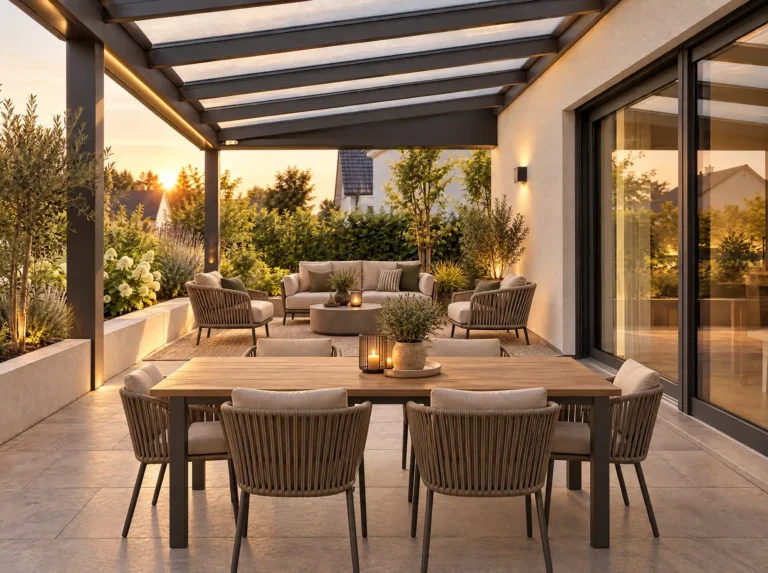 Überdachte Terrasse mit Glasdach, Essbereich und dahinterliegendem Loungebereich mit Sofa und Sesseln bei Sonnenuntergang.