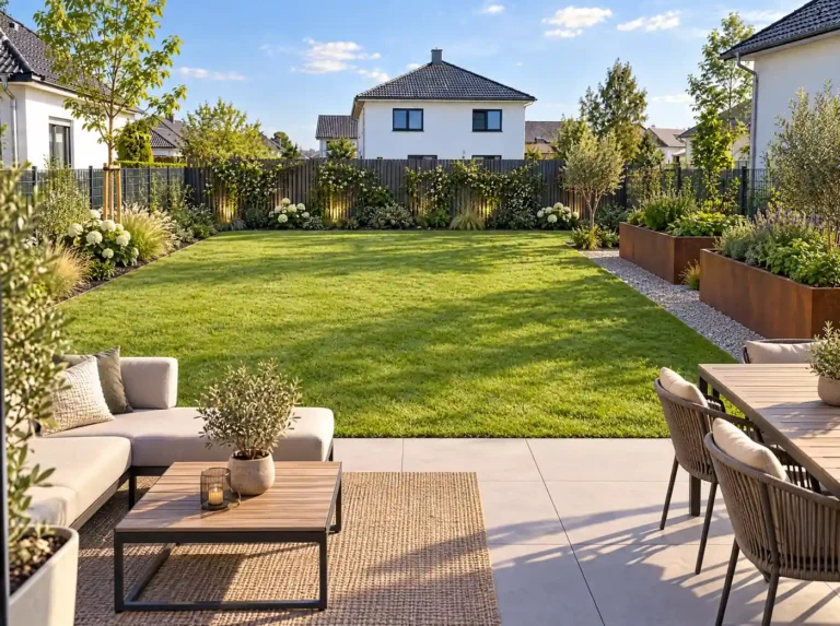 Terrasse mit Loungemöbeln und Esstisch, Blick über gepflegten Rasen mit Beeten und Cortenstahl-Pflanzkübeln, im Hintergrund ein Einfamilienhaus.