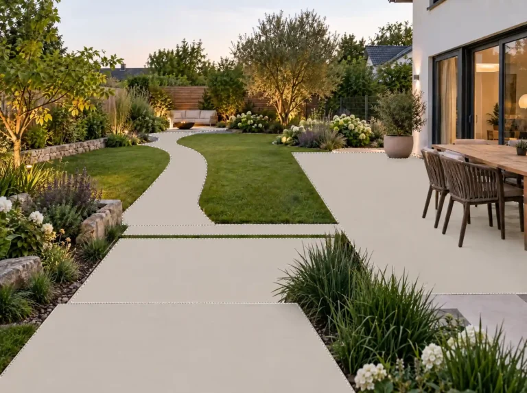 Abendlicher Garten mit geschwungenem hellem Weg zwischen Rasenfläche und Beeten, im Vordergrund eine große Terrasse mit Esstisch, im Hintergrund eine beleuchtete Sitzecke mit Feuerschale.