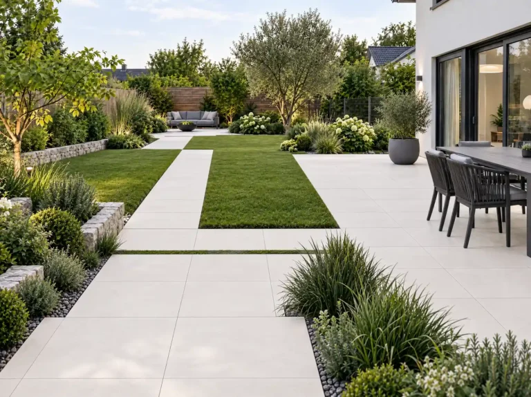 Terrasse mit großformatigen hellen Platten und eingelassenen Rasenstreifen, umgeben von Beeten mit Gräsern, Sträuchern und Natursteinmauern, im Hintergrund ein Sitzbereich und das Wohnhaus.