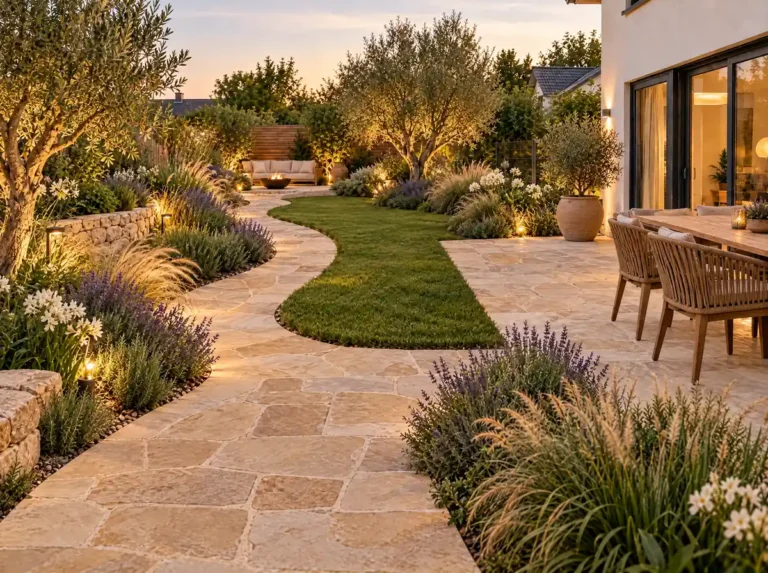 Mediterran gestalteter Garten mit Natursteinweg zwischen Rasenfläche, Olivenbäumen und Lavendelbeeten, beleuchtet in der Abenddämmerung, mit Terrasse und Sitzbereich am Haus.