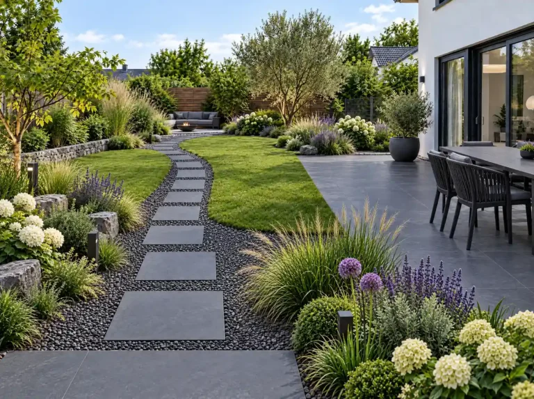 Garten mit Trittplatten-Weg durch Kiesbeet, umgeben von Ziergräsern und Stauden, angrenzende Rasenfläche und dunkle Terrasse mit Sitzbereich am Haus.