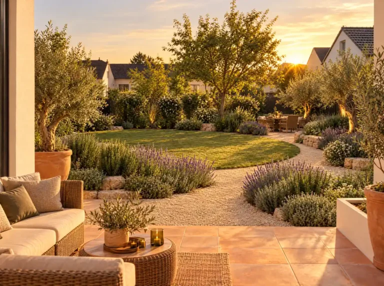 Mediterraner Garten bei Sonnenuntergang mit Kiesweg durch Lavendelbeete, ovaler Rasenfläche, Olivenbäumen in Terrakottatöpfen und Terrasse mit Loungesofa im Vordergrund.