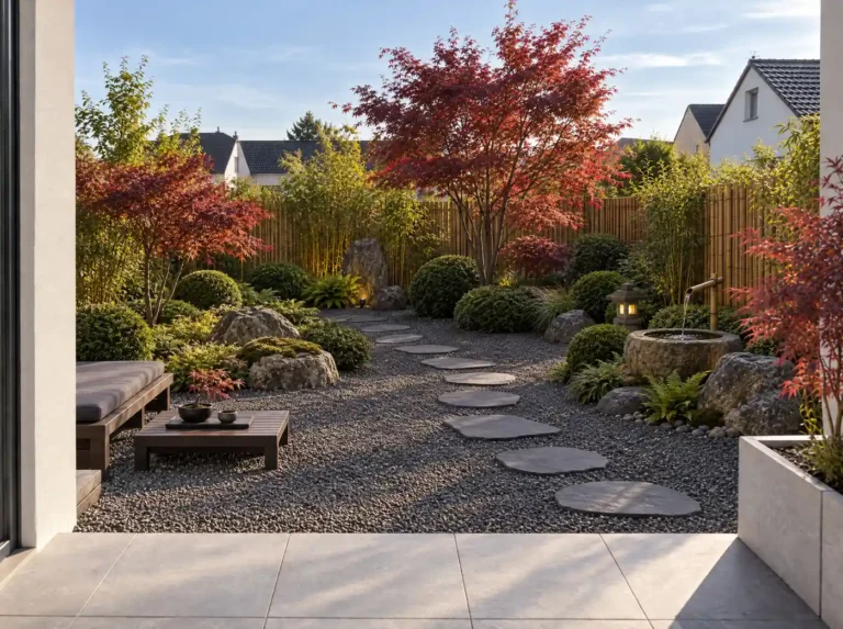 Japanisch inspirierter Garten mit Trittsteinweg durch Kiesfläche, Ahornbäumen mit rotem Laub, Bambus, Steinlaterne und Wasserbrunnen aus Stein.