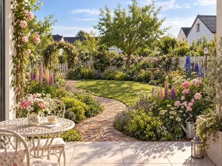 Romantischer Cottage-Garten mit Backsteinweg durch bunte Blumenbeete mit Rosen, Rittersporn und Lupinen, Rosenbogen, Vogelbad und weißem Staketenzaun, im Vordergrund eine Terrasse mit gedecktem Tisch.