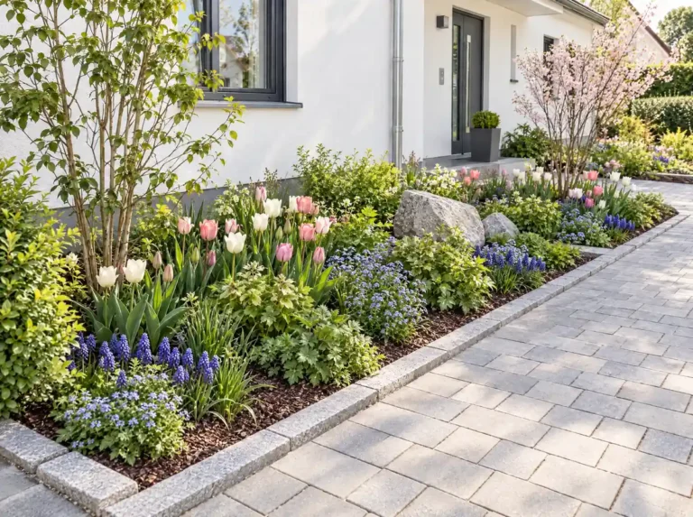 Blühendes Frühlingsbeet mit Tulpen, Traubenhyazinthen und Vergissmeinnicht entlang eines Gehwegs vor einem Haus, mit blühendem Kirschbaum im Hintergrund.