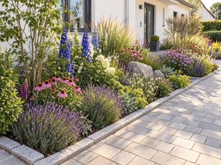 Sommerlich blühendes Staudenbeet mit Rittersporn, Sonnenhut, Lavendel und Ziergräsern entlang eines gepflasterten Wegs vor einem Haus.