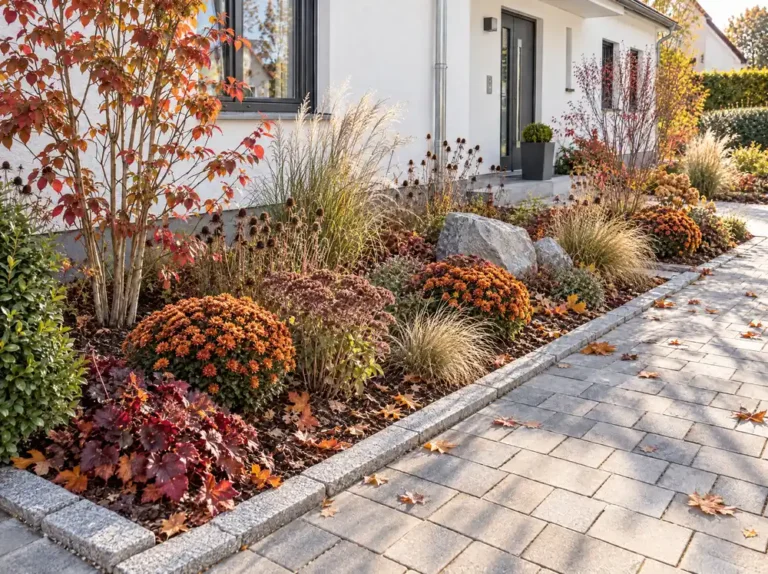 Herbstlich bepflanztes Beet mit orangefarbenen Chrysanthemen, Ziergräsern und rotlaubigen Sträuchern entlang eines Gehwegs mit Laub vor einem Haus.