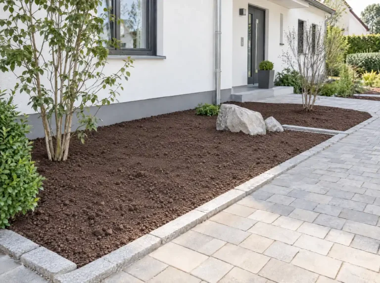 Frisch angelegtes Beet mit lockerer Erde, jungen Sträuchern und großen Natursteinen entlang der Hauswand, angrenzend an einen gepflasterten Weg.