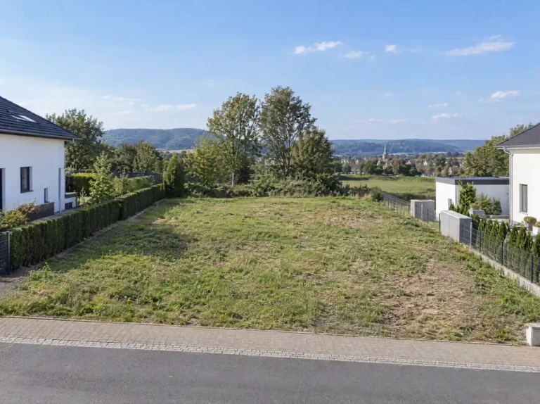 Unbebautes Grundstück mit Wildgras zwischen zwei Einfamilienhäusern, im Hintergrund Hügellandschaft und ein Ortskern mit Kirchturm.