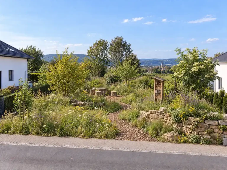 Naturnaher Wildblumengarten mit Kiesweg, Baumstumpf-Sitzgruppe, Insektenhotel und Natursteinmauer, im Hintergrund Hügellandschaft mit Ortskern.