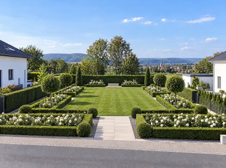Symmetrisch angelegter Ziergarten mit gestreiftem Rasen, formgeschnittenen Buchsbaumhecken, Kugelbäumen und weißen Rosenbeeten, im Hintergrund Hügellandschaft mit Ortskern.