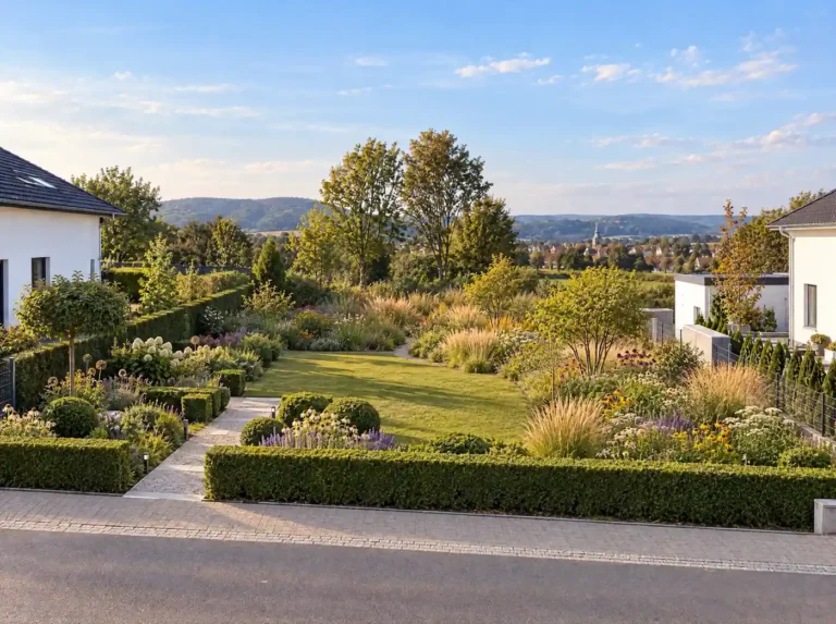 Naturnah gestalteter Garten mit geschwungenem Rasen, Heckeneinfassung, Ziergräsern und Staudenbeeten, im Hintergrund Hügellandschaft mit Ortskern.
